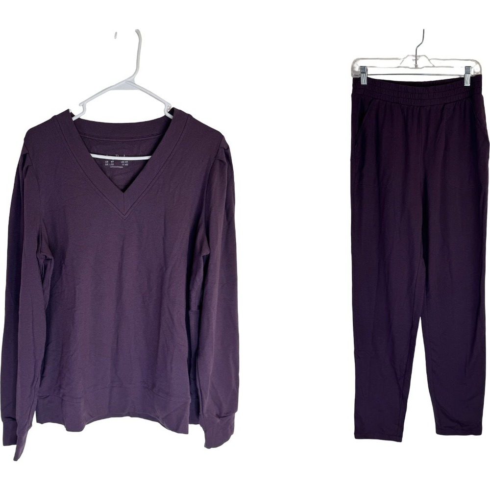 AnyBody Cozy Knit French Terry Top & Pants Set Womens Small Tall Eggplant Purple